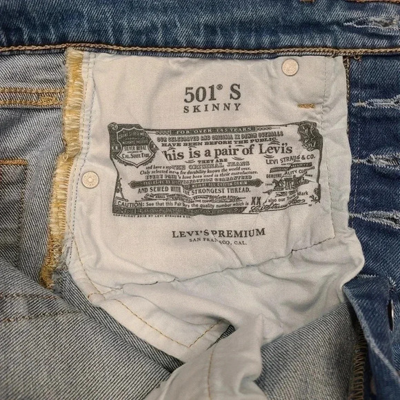 Levi's 501 S Skinny Straight Leg Jeans Blue Denim Button Fly Front 27 - Picture 14 of 16